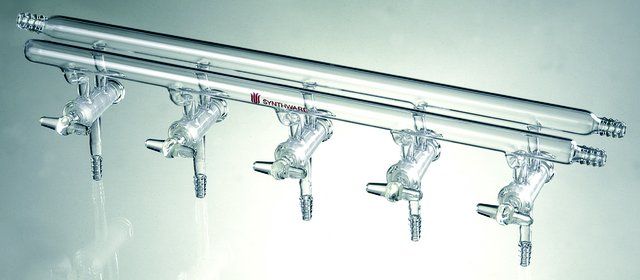 Synthware<sup>TM</sup> all-glass vacuum/inert gas manifold with hollow high vacuum stopcocks