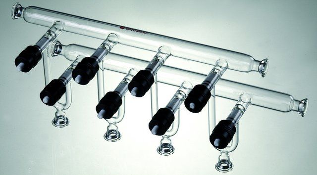 Synthware<sup>TM</sup> double vacuum manifold with high vacuum valves and #15 o-ring joints