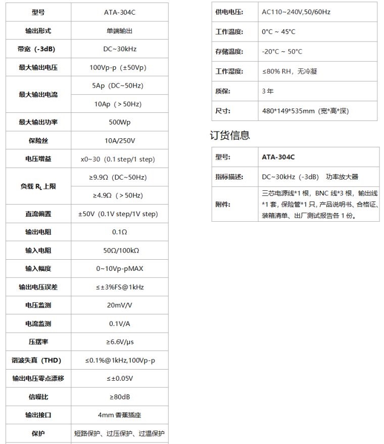 ATA-304C功率放大器规格参数