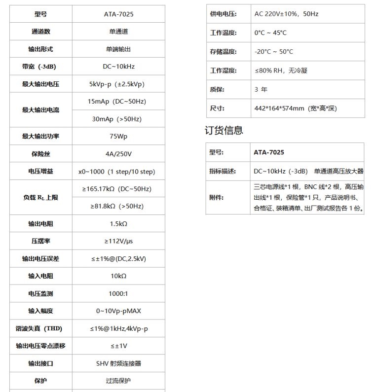 ATA-7025高压放大器规格参数